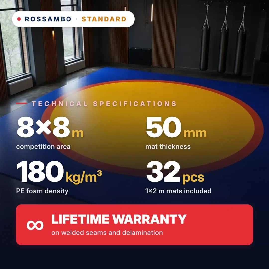 STANDARD wrestling mat 8×8×0.05 m, mats 5+40+5 (180 kg/m³)