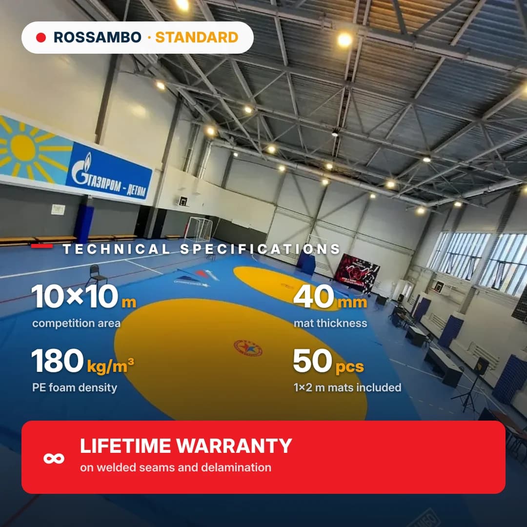 STANDARD wrestling mat 10×10×0.04 m, ECONOMY mats 10+20+10 (180 kg/m³)