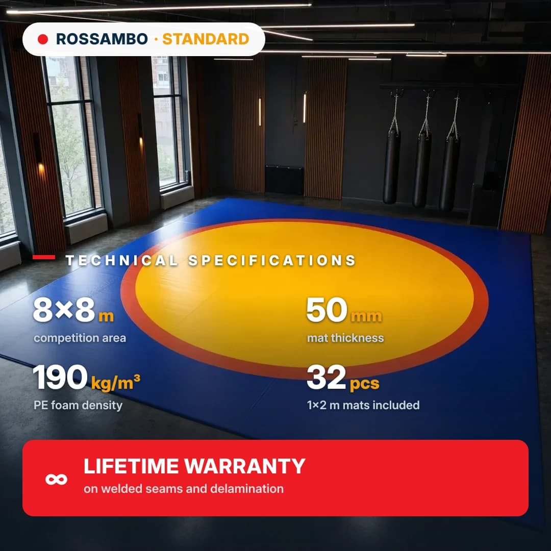 STANDARD wrestling mat 8×8×0.05 m, mats 10+30+10 (190 kg/m³)