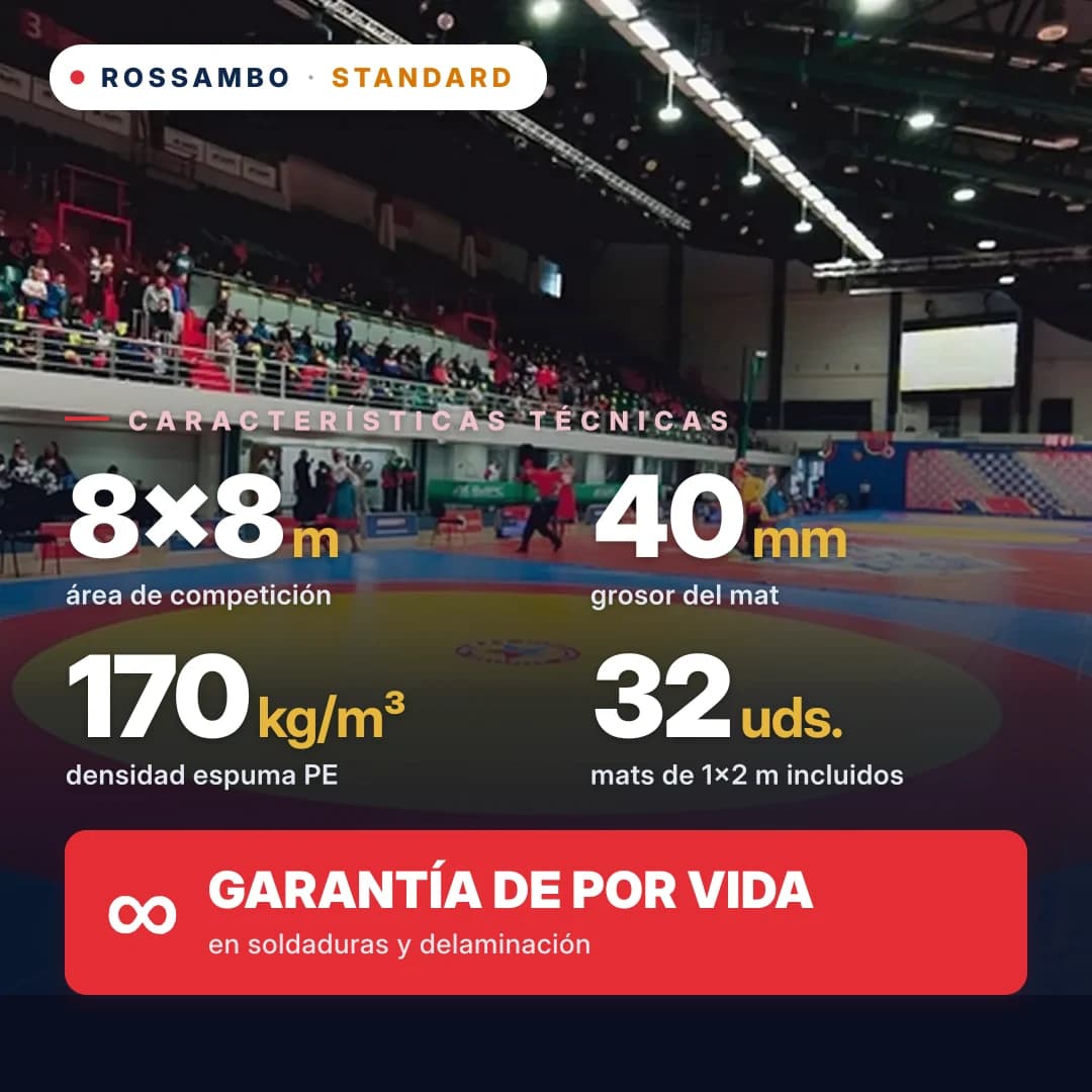 Tapiz de lucha STANDARD 8×8×0,04 m, colchonetas 5+30+5 (170 kg/m³)