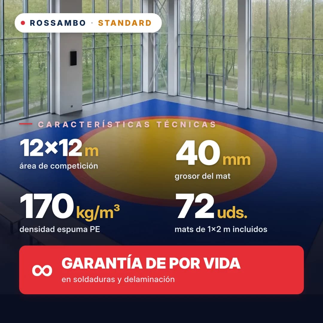Tapiz de lucha STANDARD 12×12×0,04 m, colchonetas 5+30+5 (170 kg/m³)