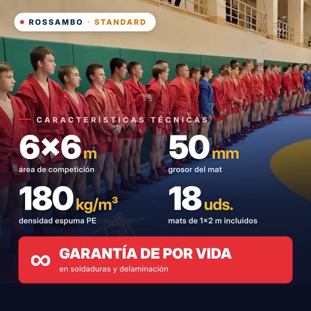 Tapiz de lucha STANDARD 6×6×0,05 m, colchonetas 5+40+5 (180 kg/m³)