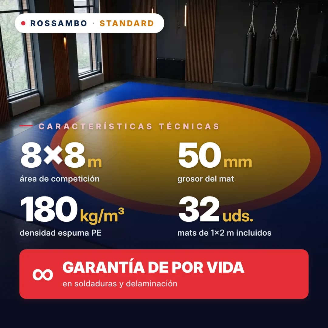 Tapiz de lucha STANDARD 8×8×0,05 m, colchonetas 5+40+5 (180 kg/m³)