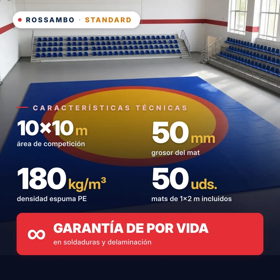 Tapiz de lucha STANDARD 10×10×0,05 m, colchonetas 5+40+5 (180 kg/m³)