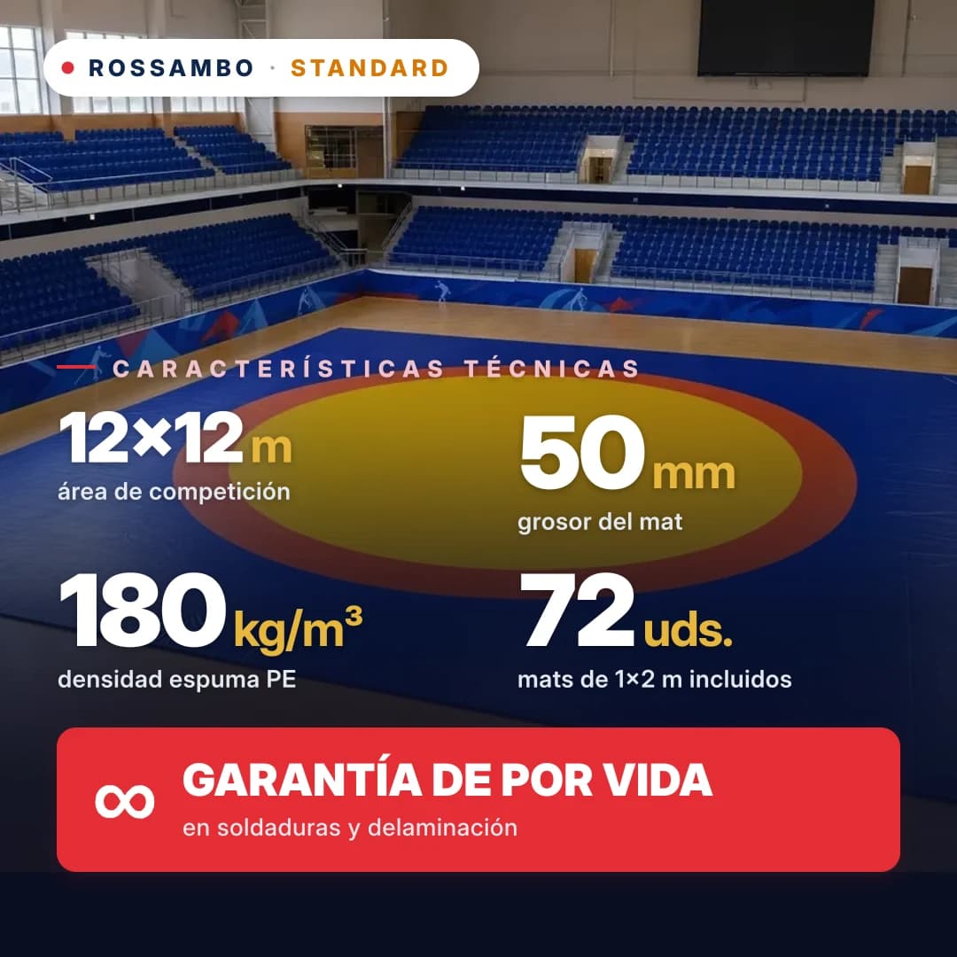 Tapiz de lucha STANDARD 12×12×0,05 m, colchonetas 5+40+5 (180 kg/m³)