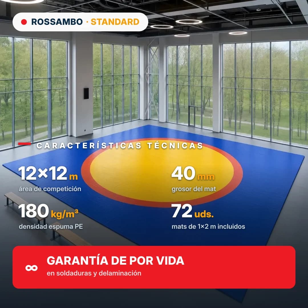Tapiz de lucha STANDARD 12×12×0,04 m, colchonetas ECONOM 10+20+10 (180 kg/m³)