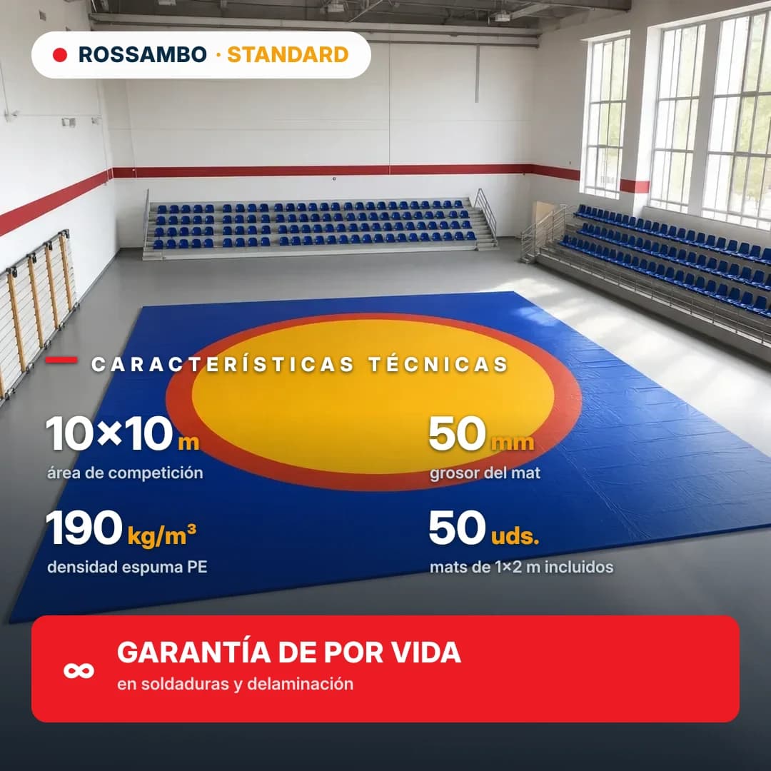 Tapiz de lucha STANDARD 10×10×0,05 m, colchonetas 10+30+10 (190 kg/m³)