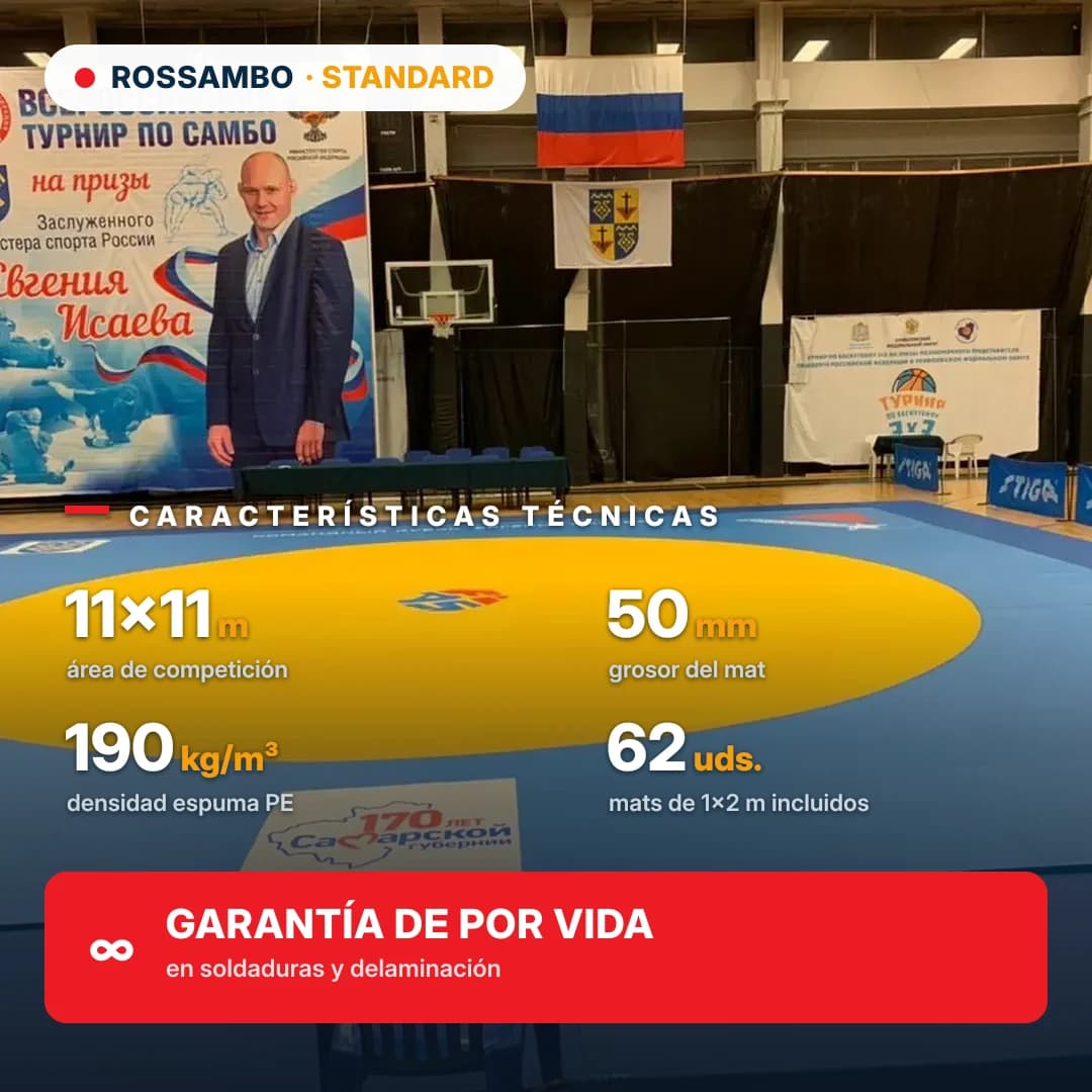 Tapiz de lucha STANDARD 11×11×0,05 m, colchonetas 10+30+10 (190 kg/m³)