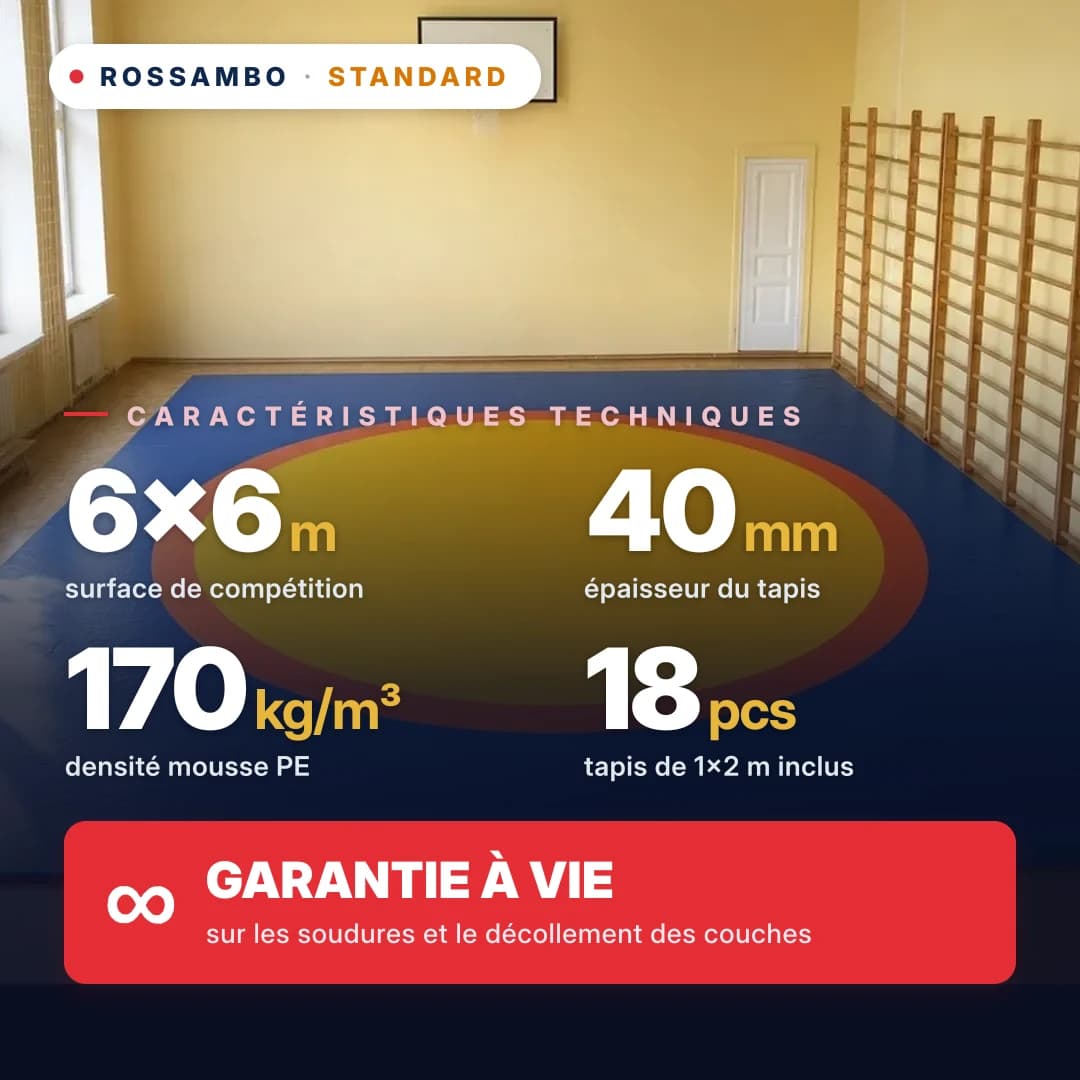 Tapis de lutte STANDARD 6×6×0,04 m, tapis 5+30+5 (170 kg/m³)
