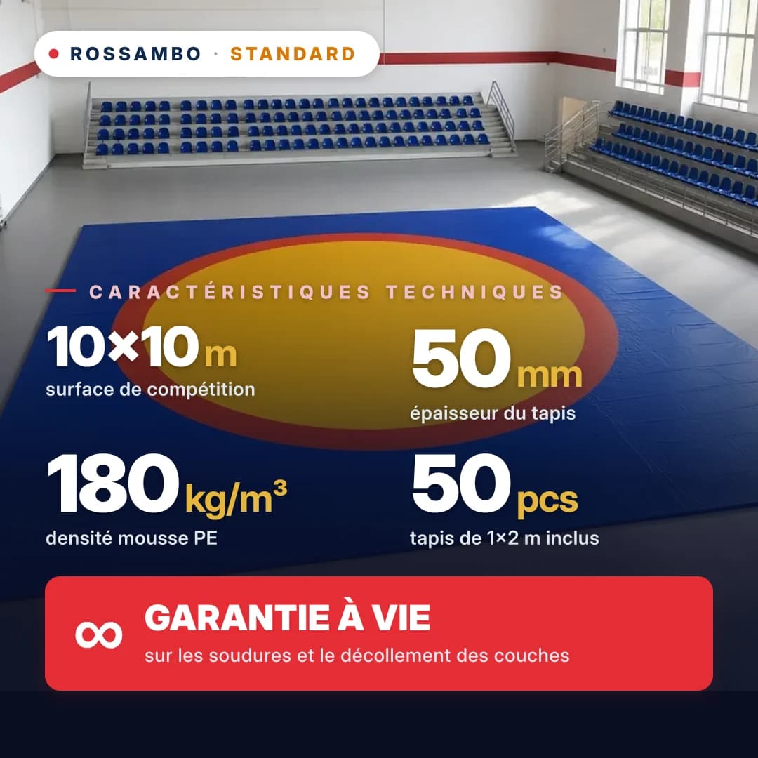 Tapis de lutte STANDARD 10×10×0,05 m, tapis 5+40+5 (180 kg/m³)