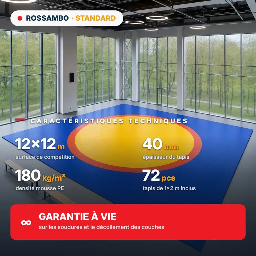 Tapis de lutte STANDARD 12×12×0,04 m, tapis ECONOM 10+20+10 (180 kg/m³)