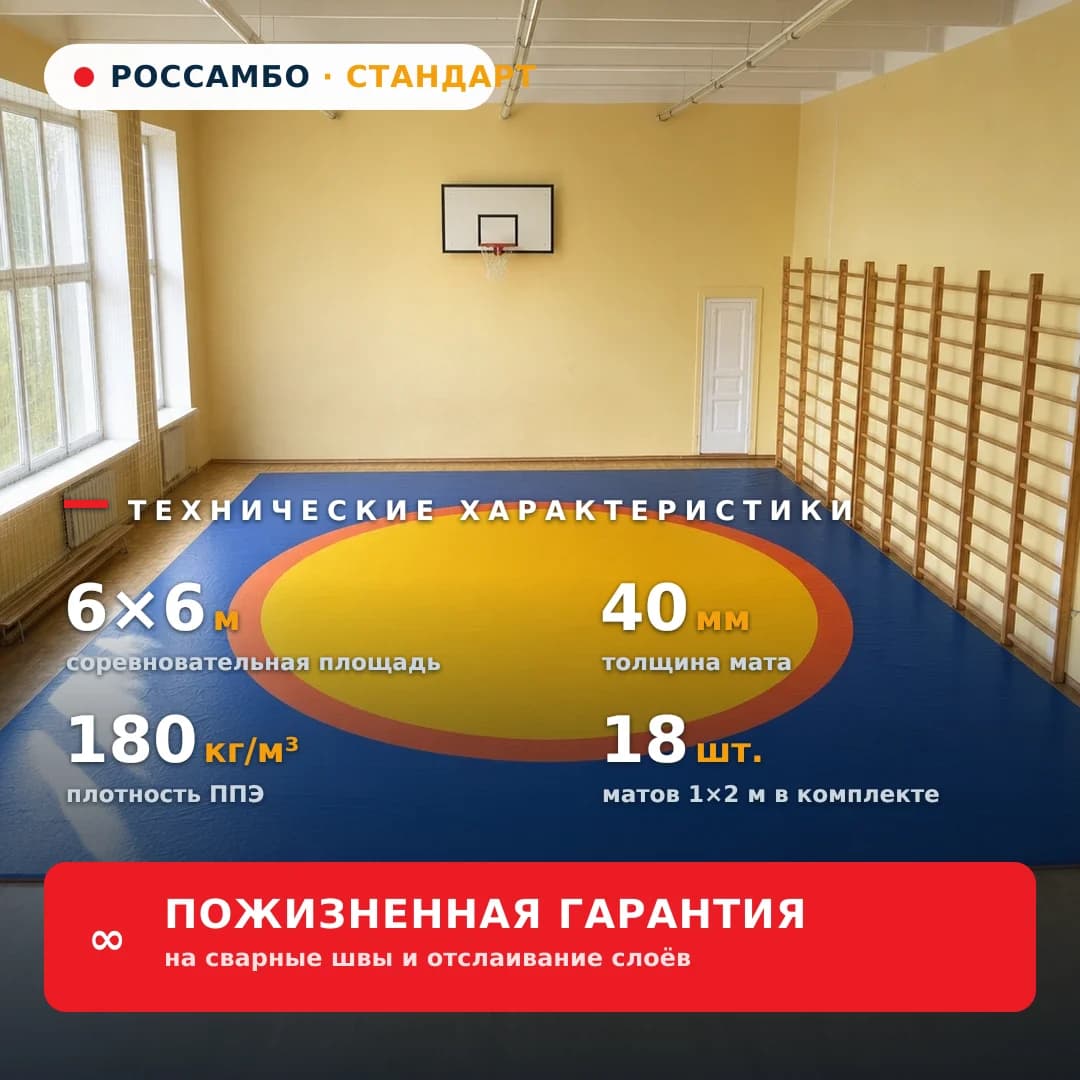 Ковёр борцовский СТАНДАРТ 6×6×0,04 м, маты ЭКОНОМ 10+20+10 (180 кг/м³)