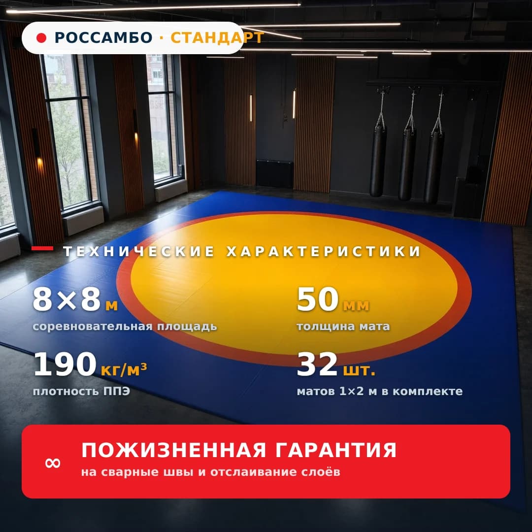 Ковёр борцовский СТАНДАРТ 8×8×0,05 м, маты 10+30+10 (190 кг/м³)