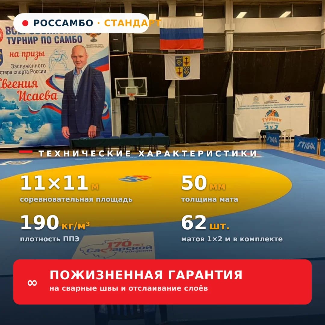 Ковёр борцовский СТАНДАРТ 11×11×0,05 м, маты 10+30+10 (190 кг/м³)