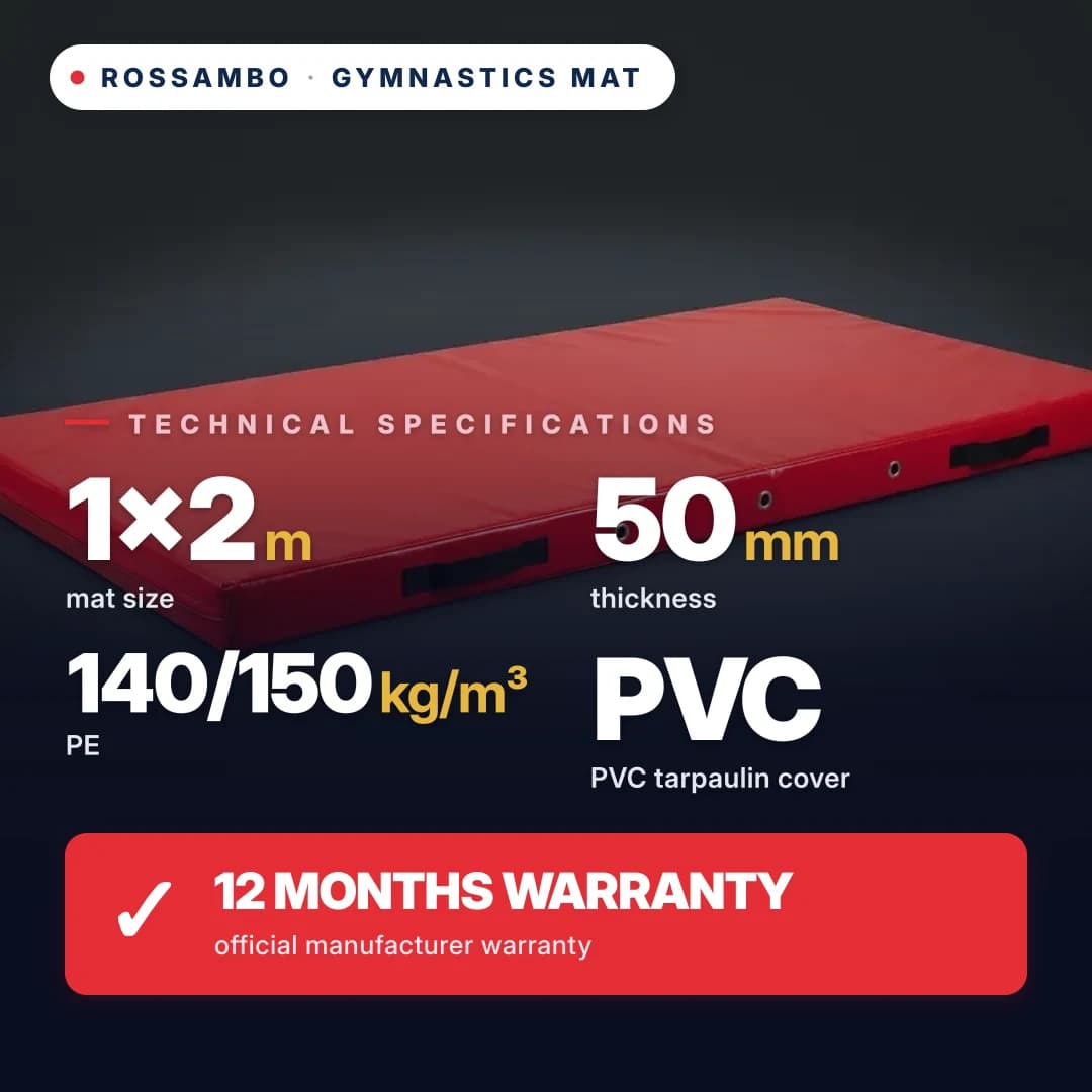 Gymnastics mat, PE foam 140/150 kg/m³, PVC cover, 1×2×0.05 m