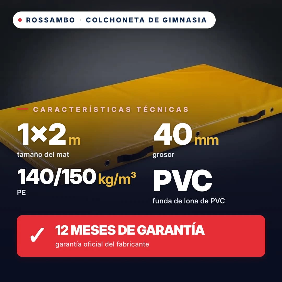 Colchoneta de gimnasia de espuma de polietileno 140/150 kg/m³, funda de PVC, 1×2×0,04 m