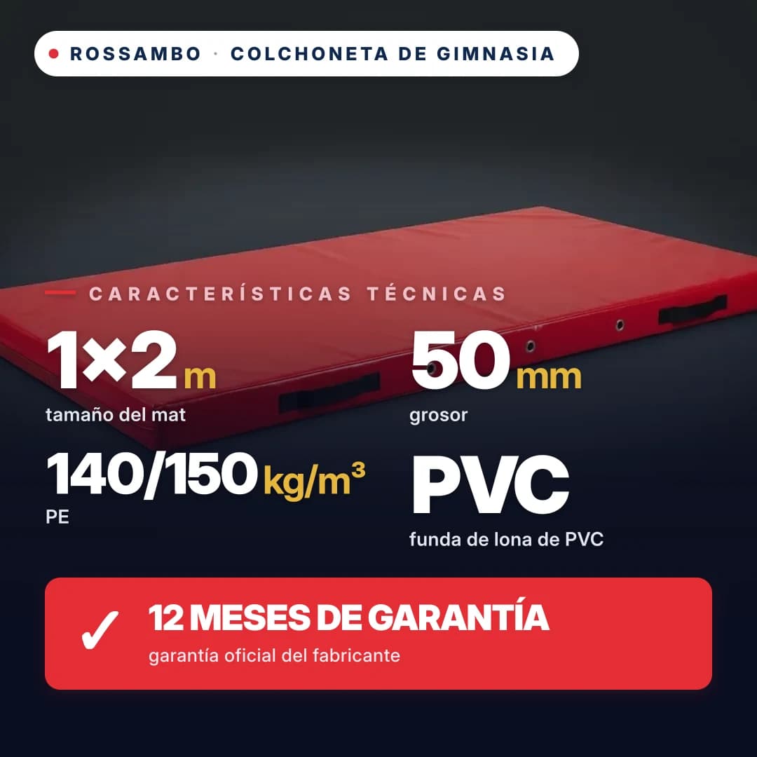 Colchoneta de gimnasia de espuma de polietileno 140/150 kg/m³, funda de PVC, 1×2×0,05 m