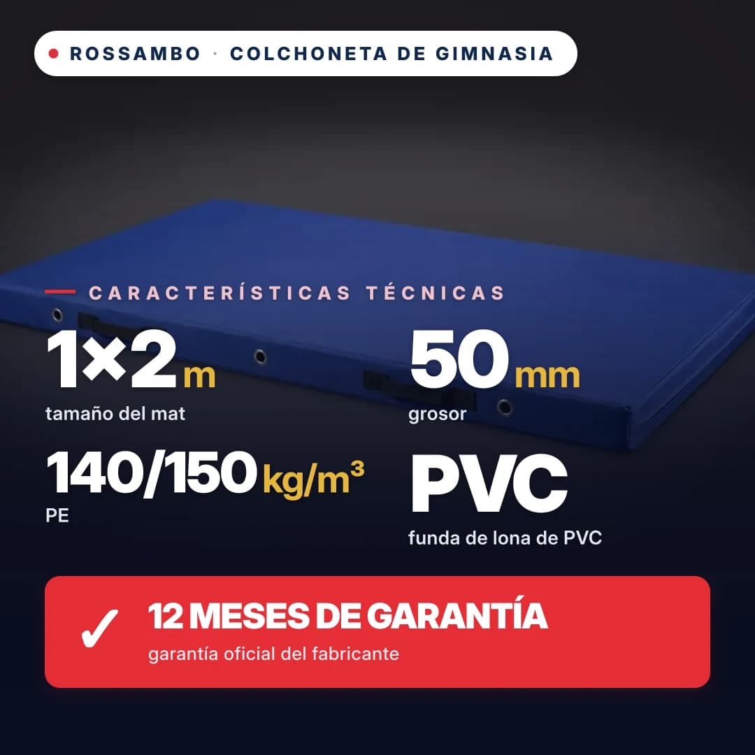 Colchoneta de gimnasia de espuma de polietileno 140/150 kg/m³, funda Oxford, 1×2×0,05 m