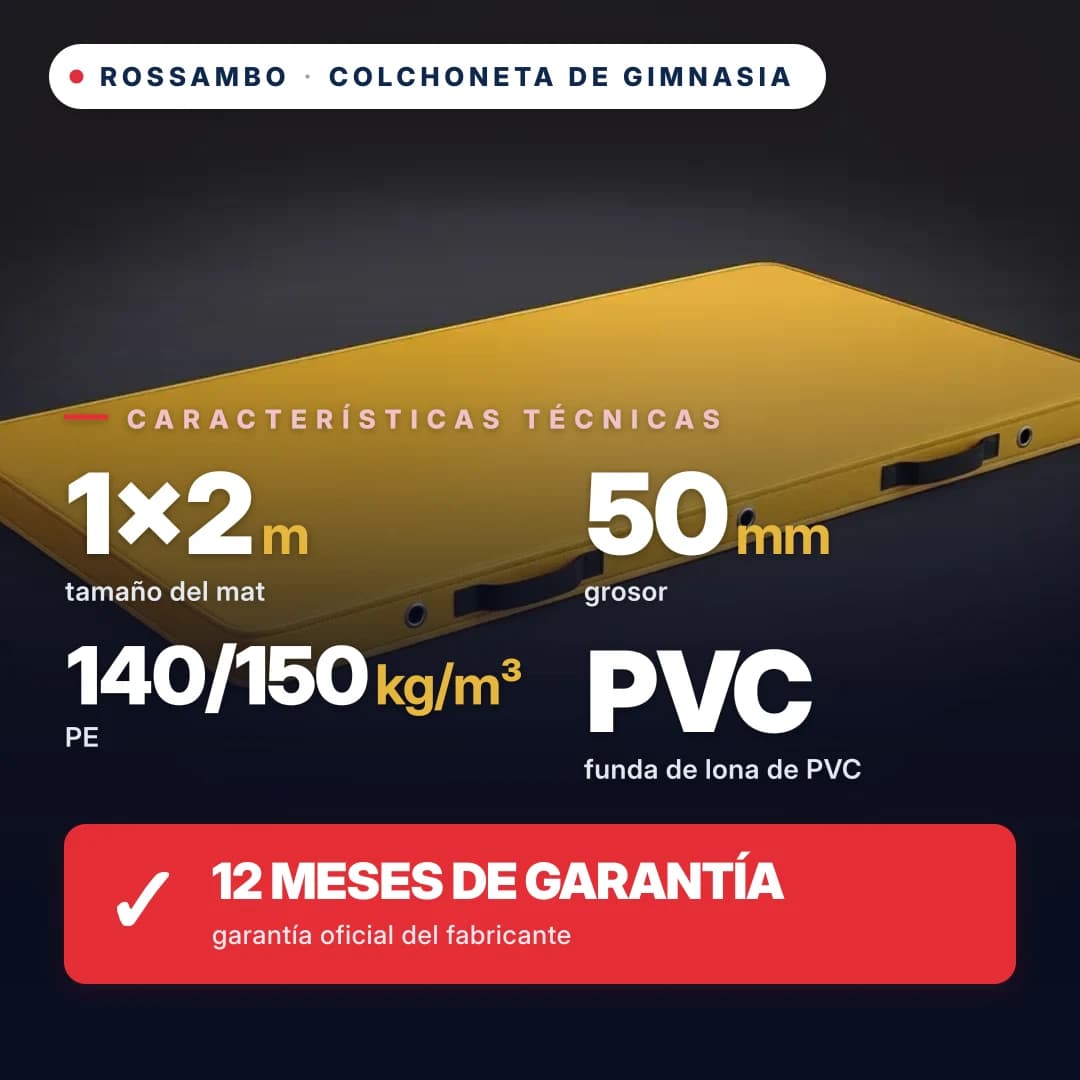 Colchoneta de gimnasia de espuma de polietileno 140/150 kg/m³, funda de piel ecológica, 1×2×0,05 m