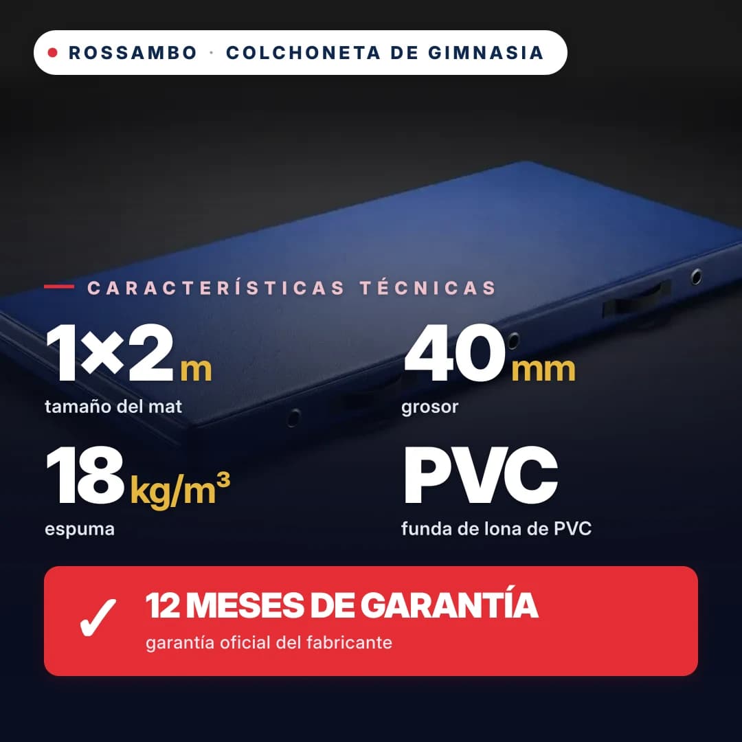 Colchoneta de gimnasia de espuma 18 kg/m³, funda de piel ecológica, 1×2×0,04 m