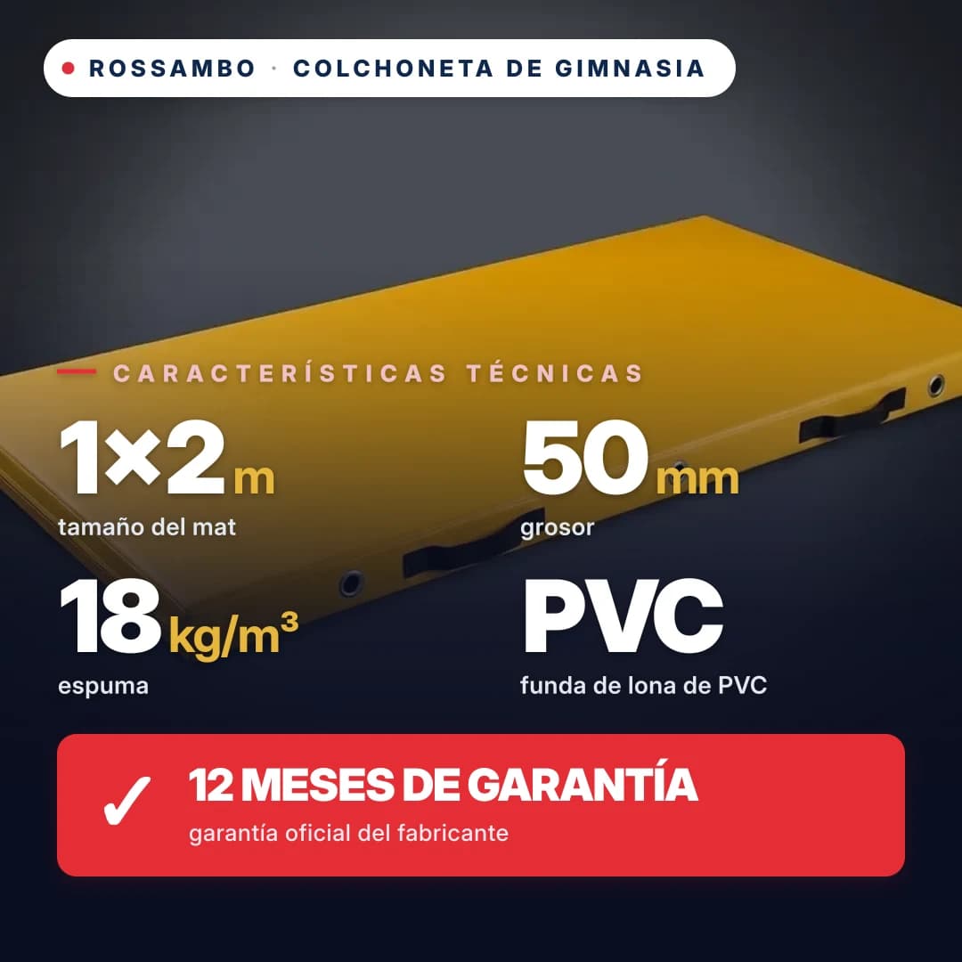 Colchoneta de gimnasia de espuma 18 kg/m³, funda de piel ecológica, 1×2×0,05 m
