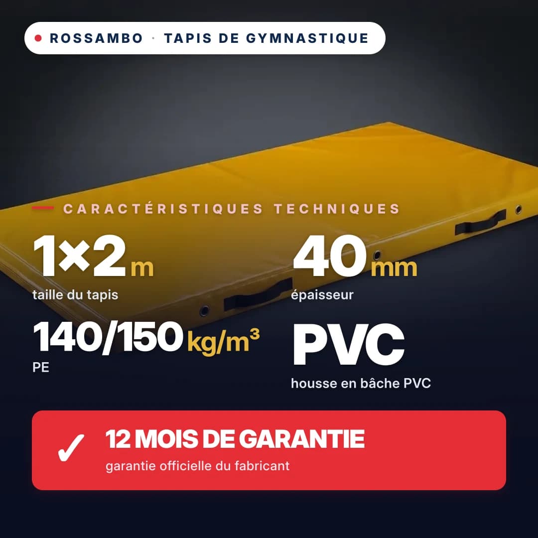 Tapis de gymnastique mousse PE 140/150 kg/m³, housse PVC, 1×2×0,04 m