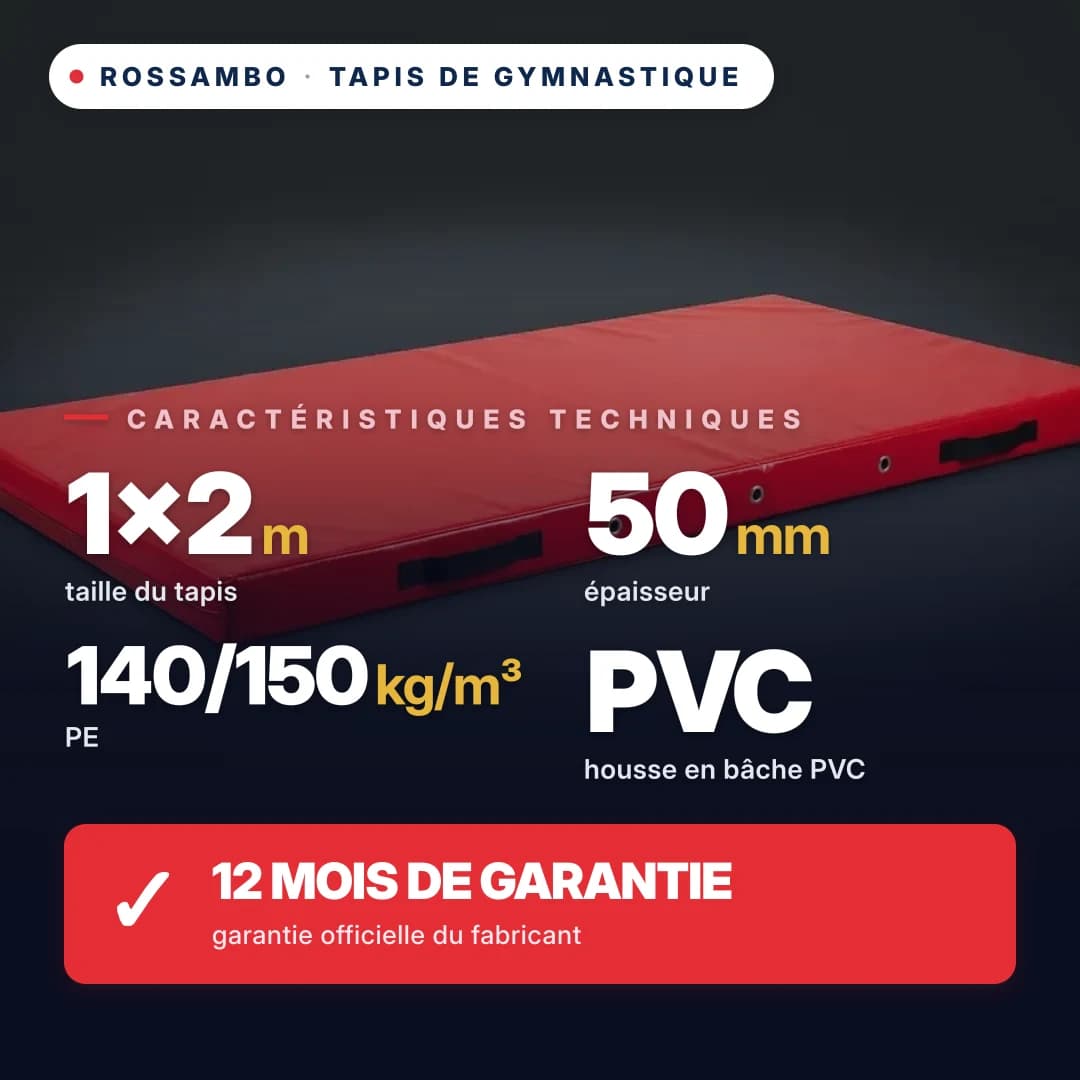 Tapis de gymnastique mousse PE 140/150 kg/m³, housse PVC, 1×2×0,05 m