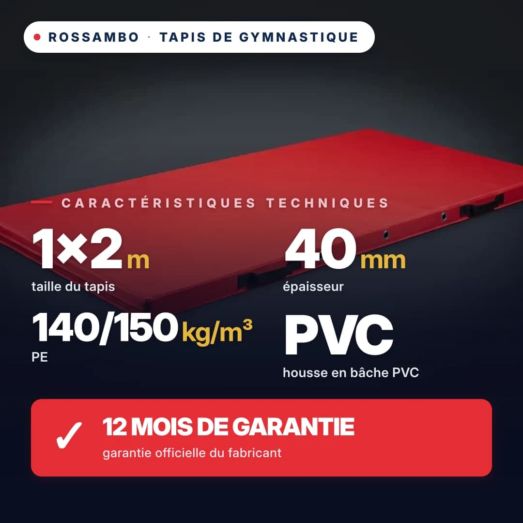 Tapis de gymnastique mousse PE 140/150 kg/m³, housse Oxford, 1×2×0,04 m