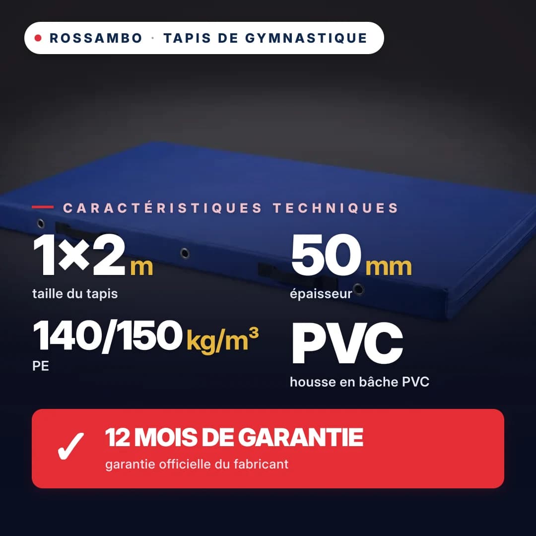 Tapis de gymnastique mousse PE 140/150 kg/m³, housse Oxford, 1×2×0,05 m