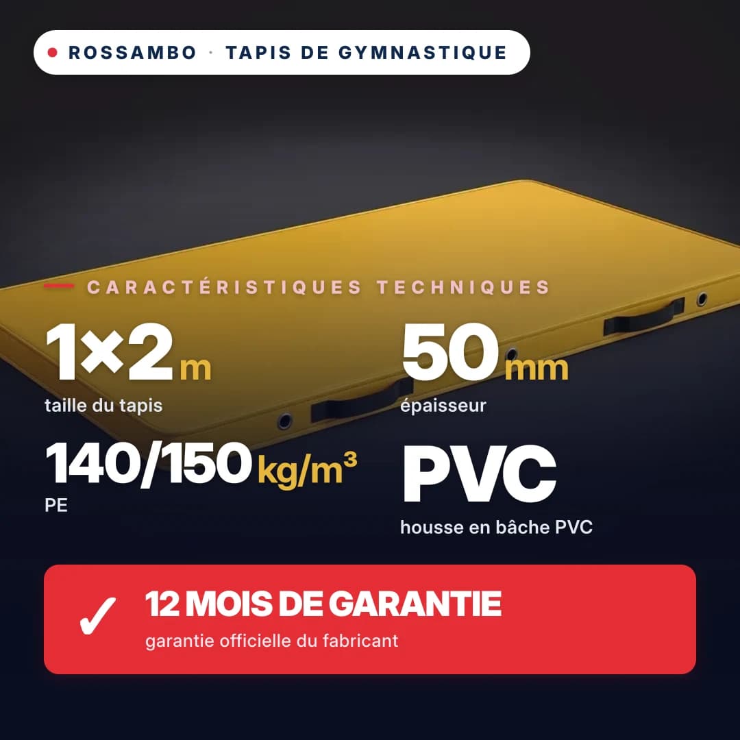 Tapis de gymnastique mousse PE 140/150 kg/m³, housse éco-cuir, 1×2×0,05 m