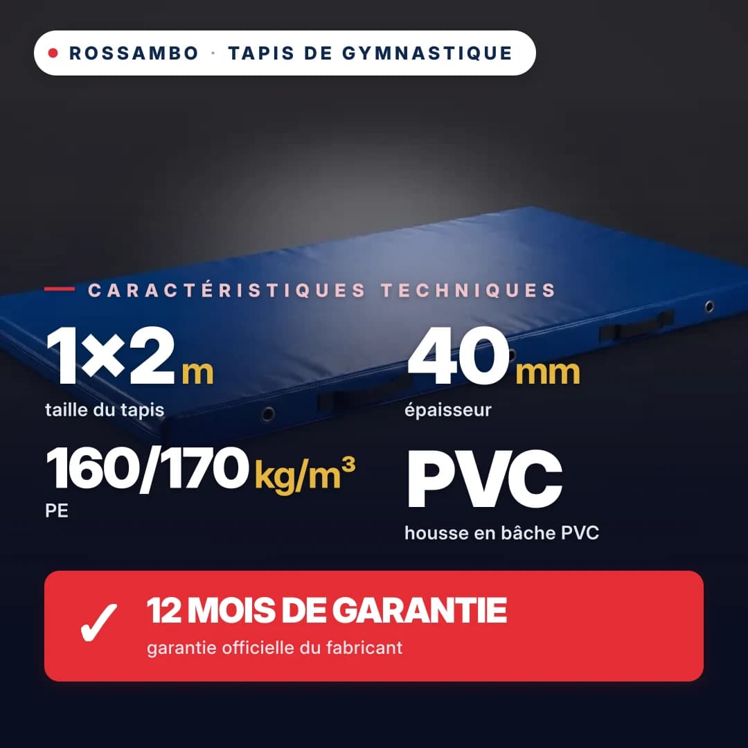 Tapis-tatami de gymnastique économique mousse PE 160/170, housse PVC, 1×2×0,04 m