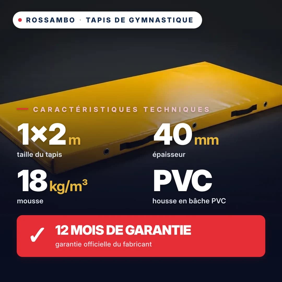 Tapis de gymnastique mousse PU 18 kg/m³, housse PVC, 1×2×0,04 m