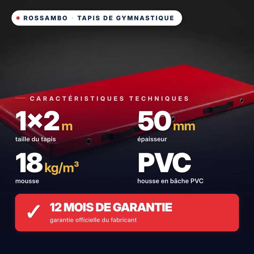 Tapis de gymnastique mousse PU 18 kg/m³, housse PVC, 1×2×0,05 m