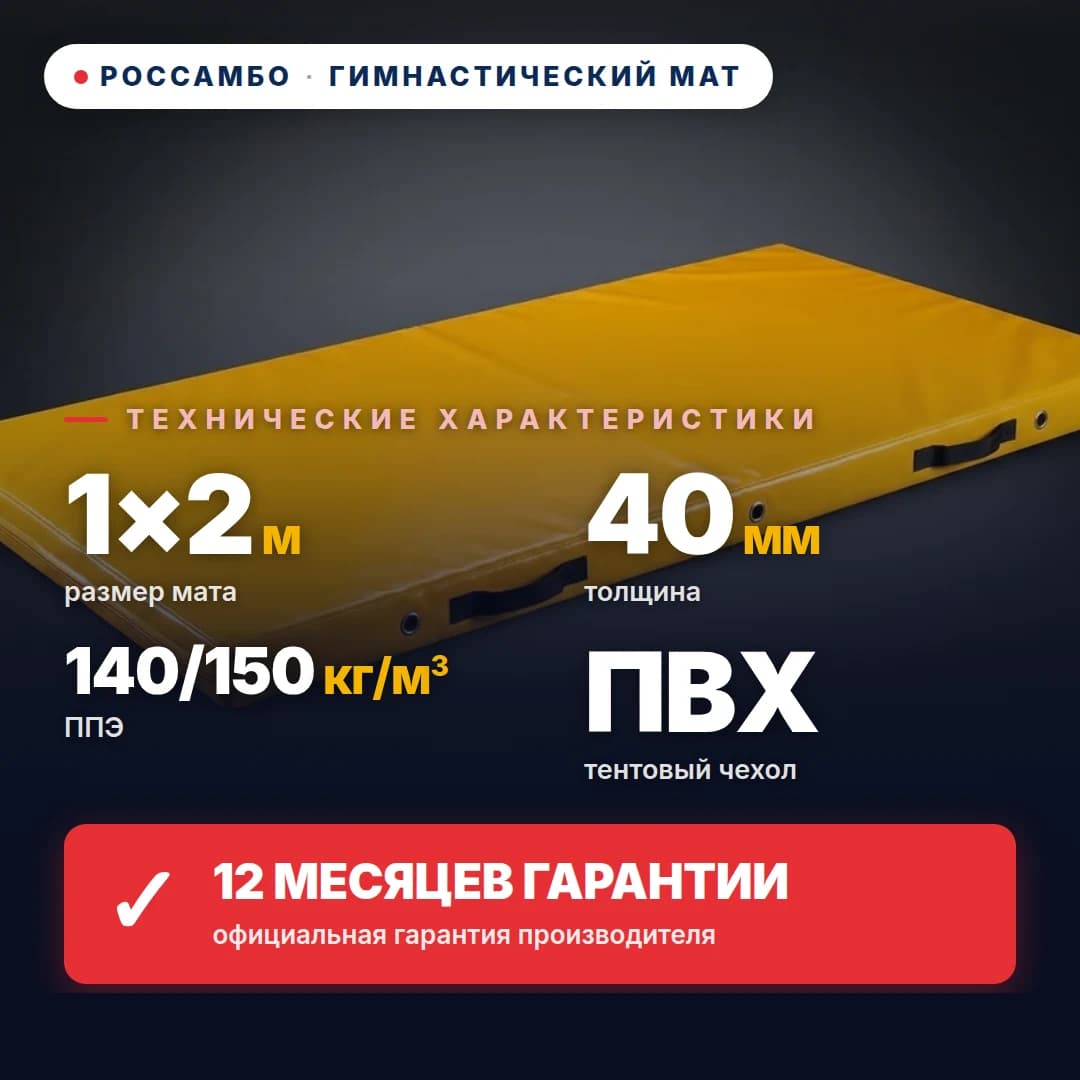 Гимнастический мат ППЭ 140/150 кг/м³, чехол ПВХ, 1×2×0,04 м
