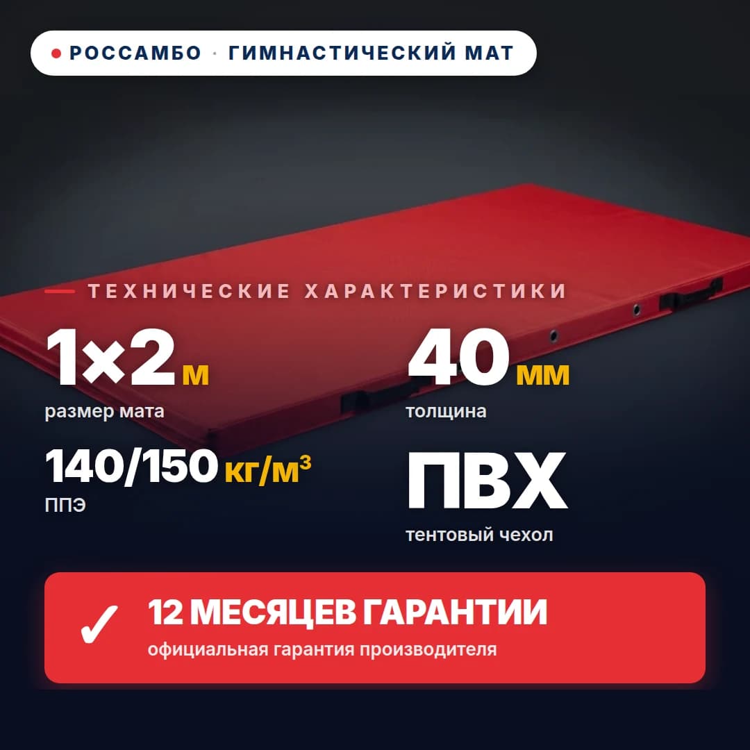 Гимнастический мат ППЭ 140/150 кг/м³, чехол Оксфорд, 1×2×0,04 м