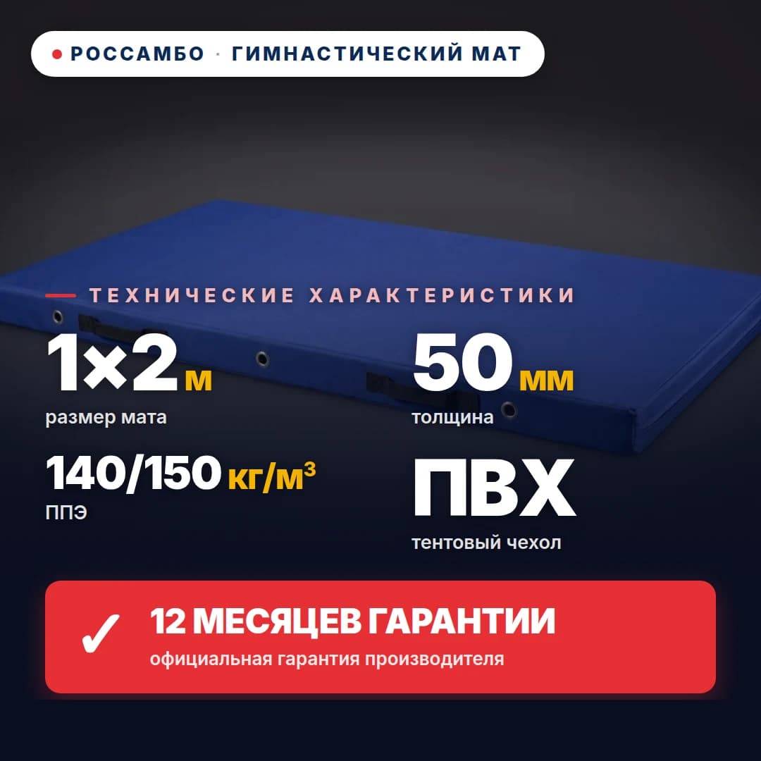 Гимнастический мат ППЭ 140/150 кг/м³, чехол Оксфорд, 1×2×0,05 м
