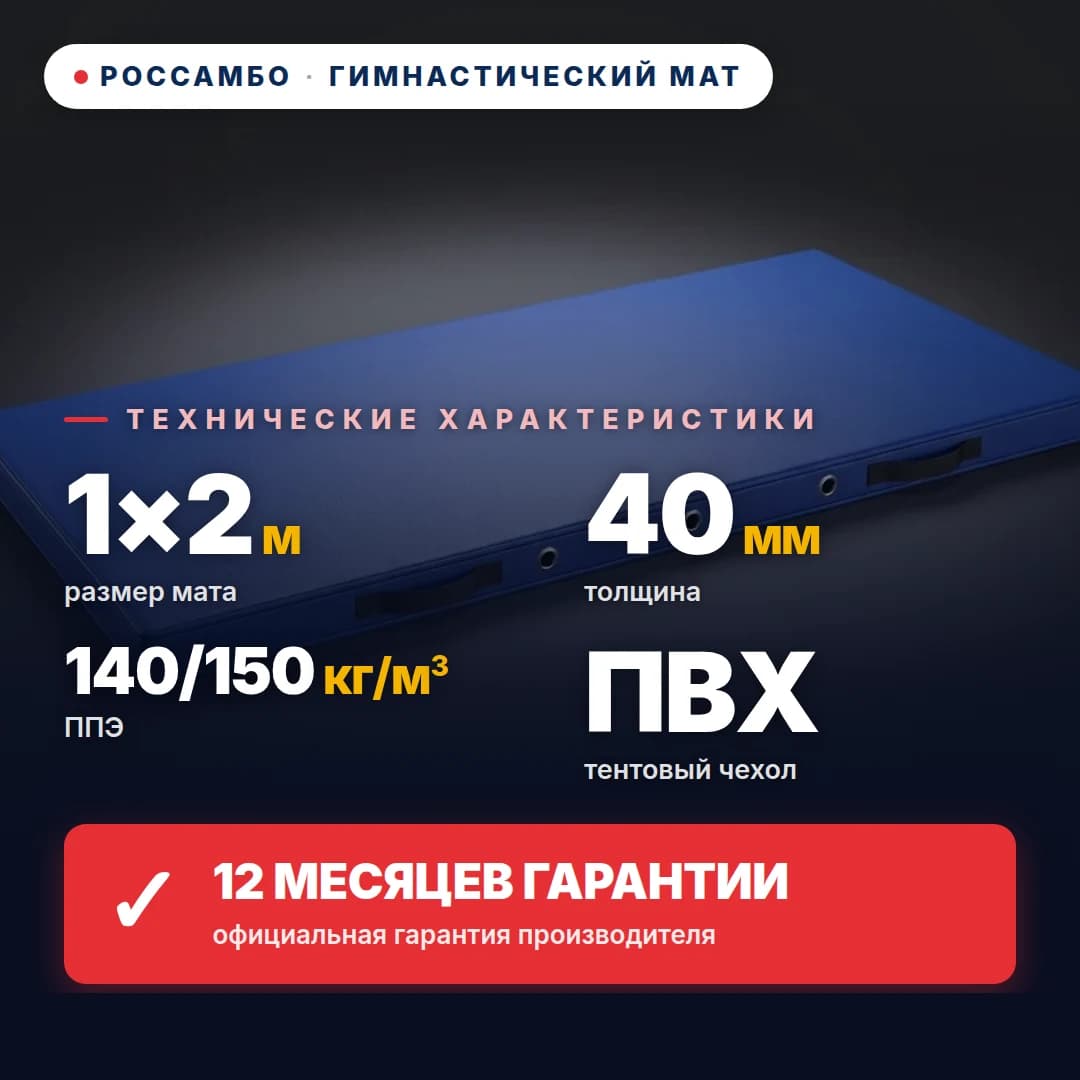 Гимнастический мат ППЭ 140/150 кг/м³, чехол Эко Кожа, 1×2×0,04 м