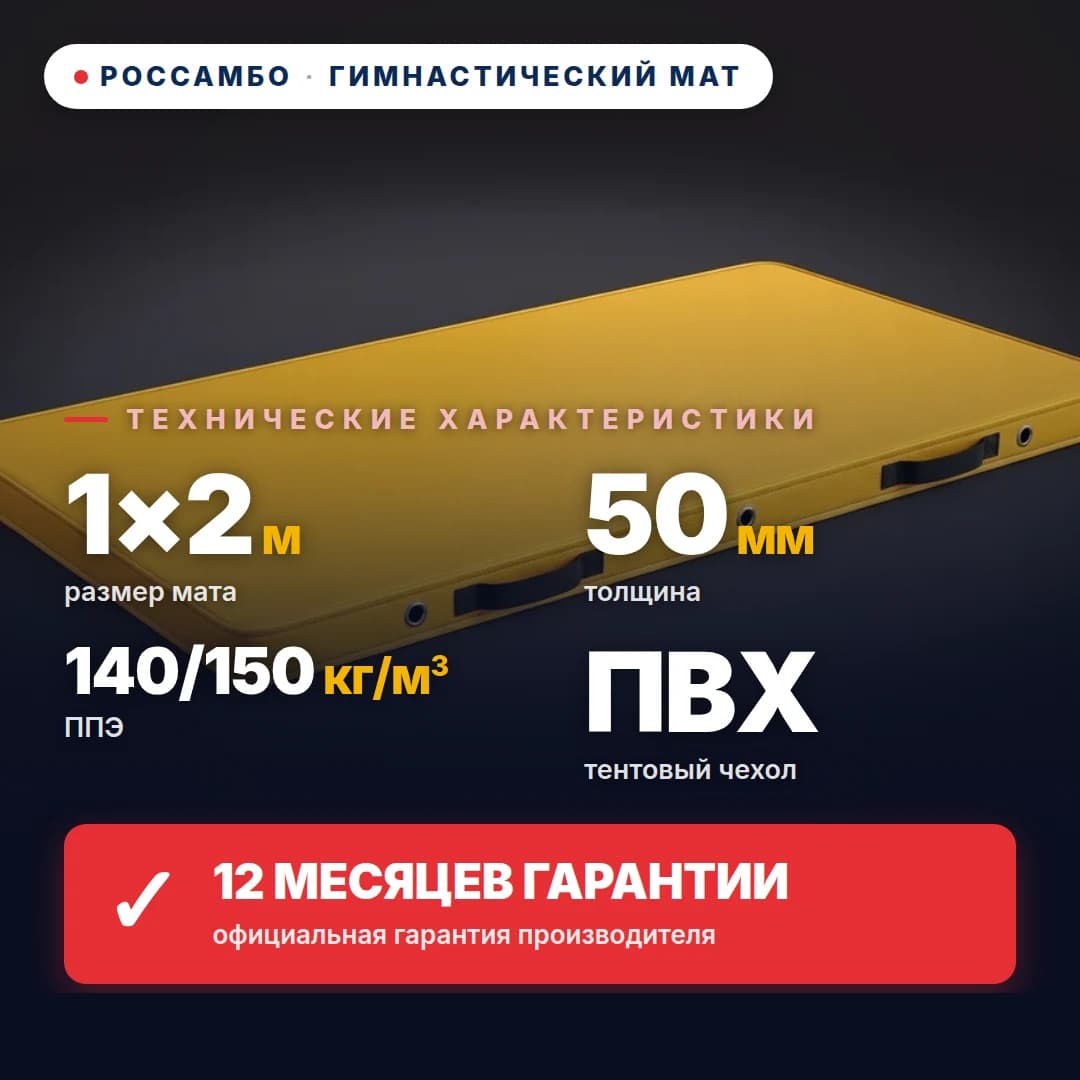 Гимнастический мат ППЭ 140/150 кг/м³, чехол Эко Кожа, 1×2×0,05 м