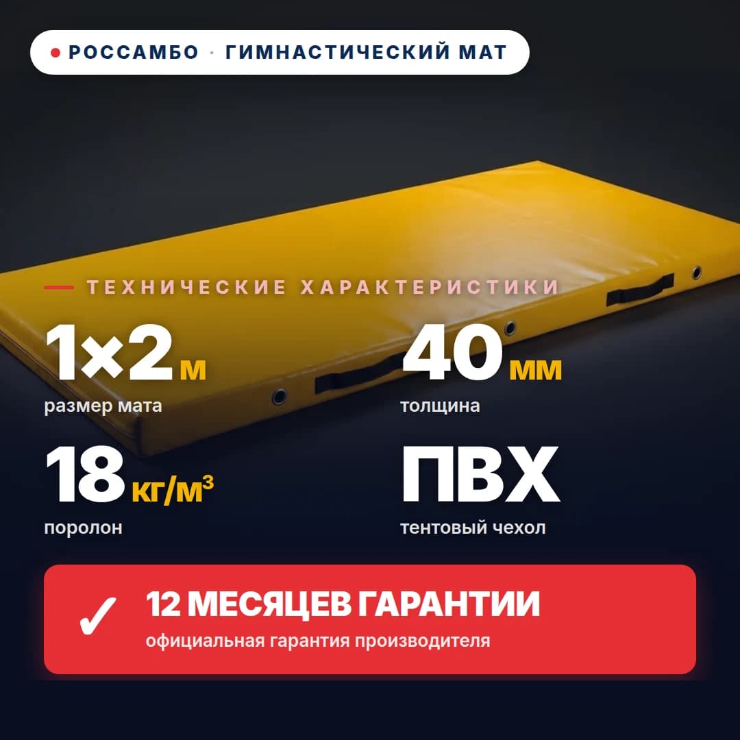 Гимнастический мат поролон 18 кг/м³, чехол ПВХ, 1×2×0,04 м