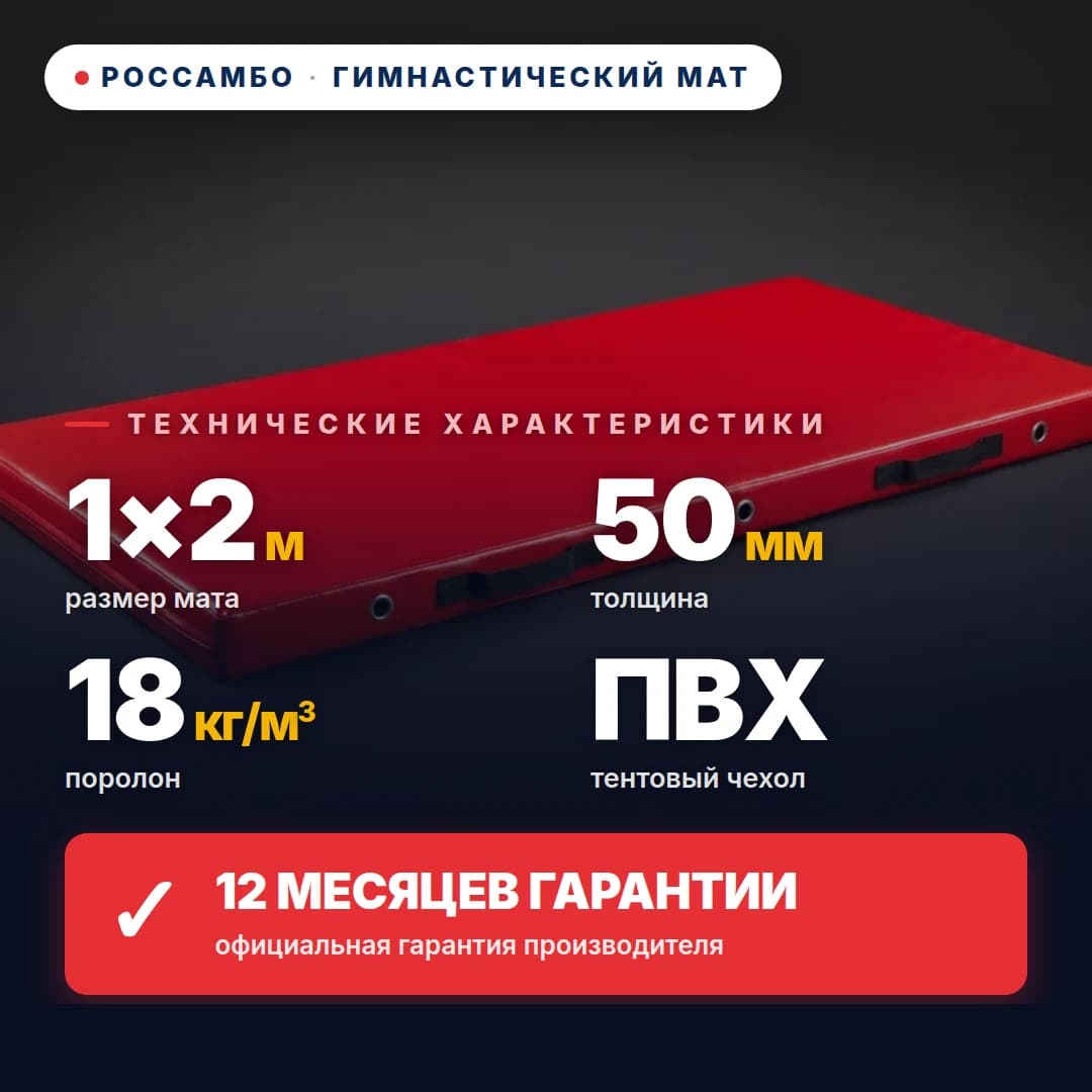 Гимнастический мат поролон 18 кг/м³, чехол ПВХ, 1×2×0,05 м