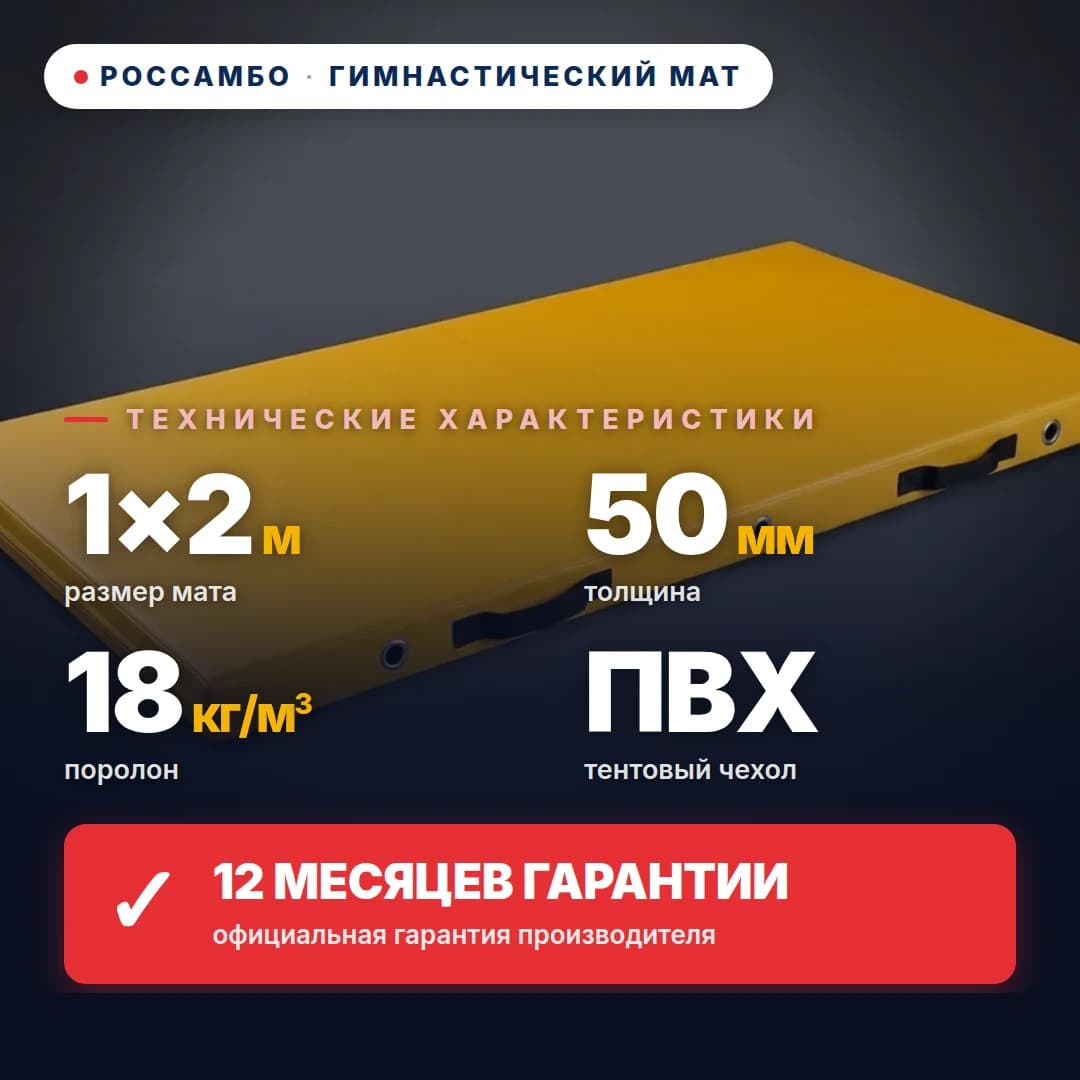 Гимнастический мат поролон 18 кг/м³, чехол Эко Кожа, 1×2×0,05 м