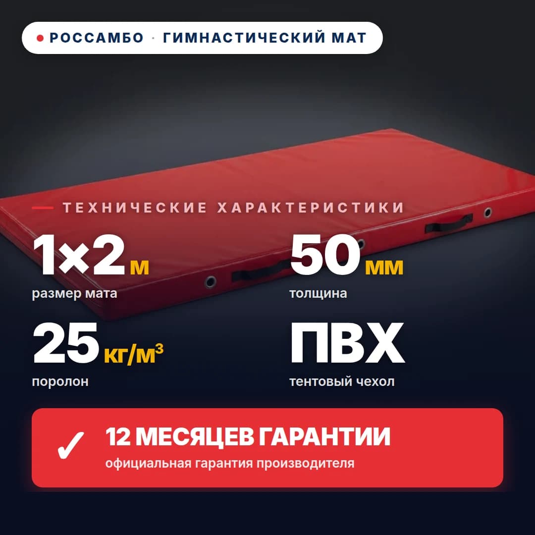 Гимнастический мат поролон 25 кг/м³, чехол ПВХ, 1×2×0,05 м