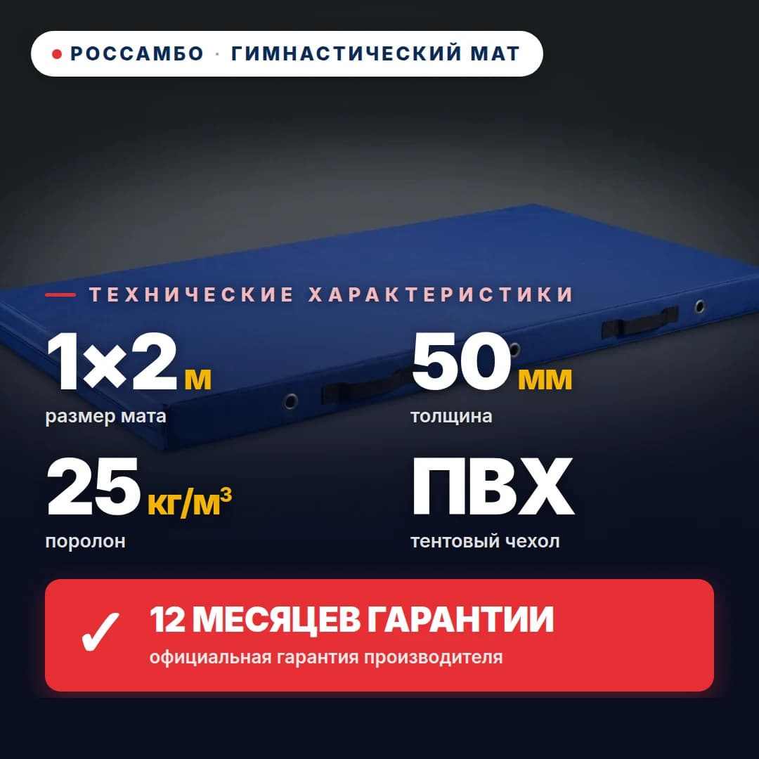 Гимнастический мат поролон 25 кг/м³, чехол Оксфорд, 1×2×0,05 м
