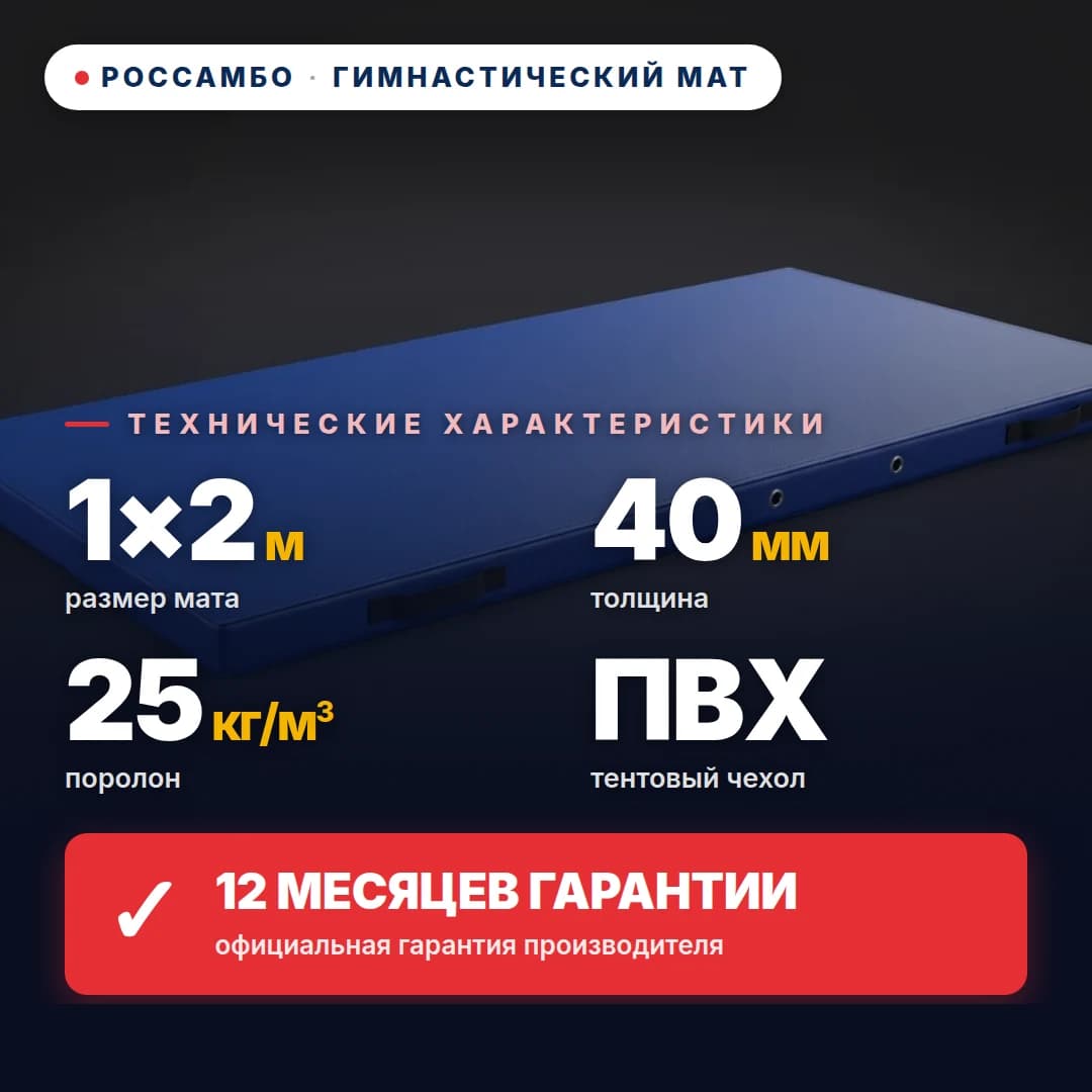 Гимнастический мат поролон 25 кг/м³, чехол Эко Кожа, 1×2×0,04 м