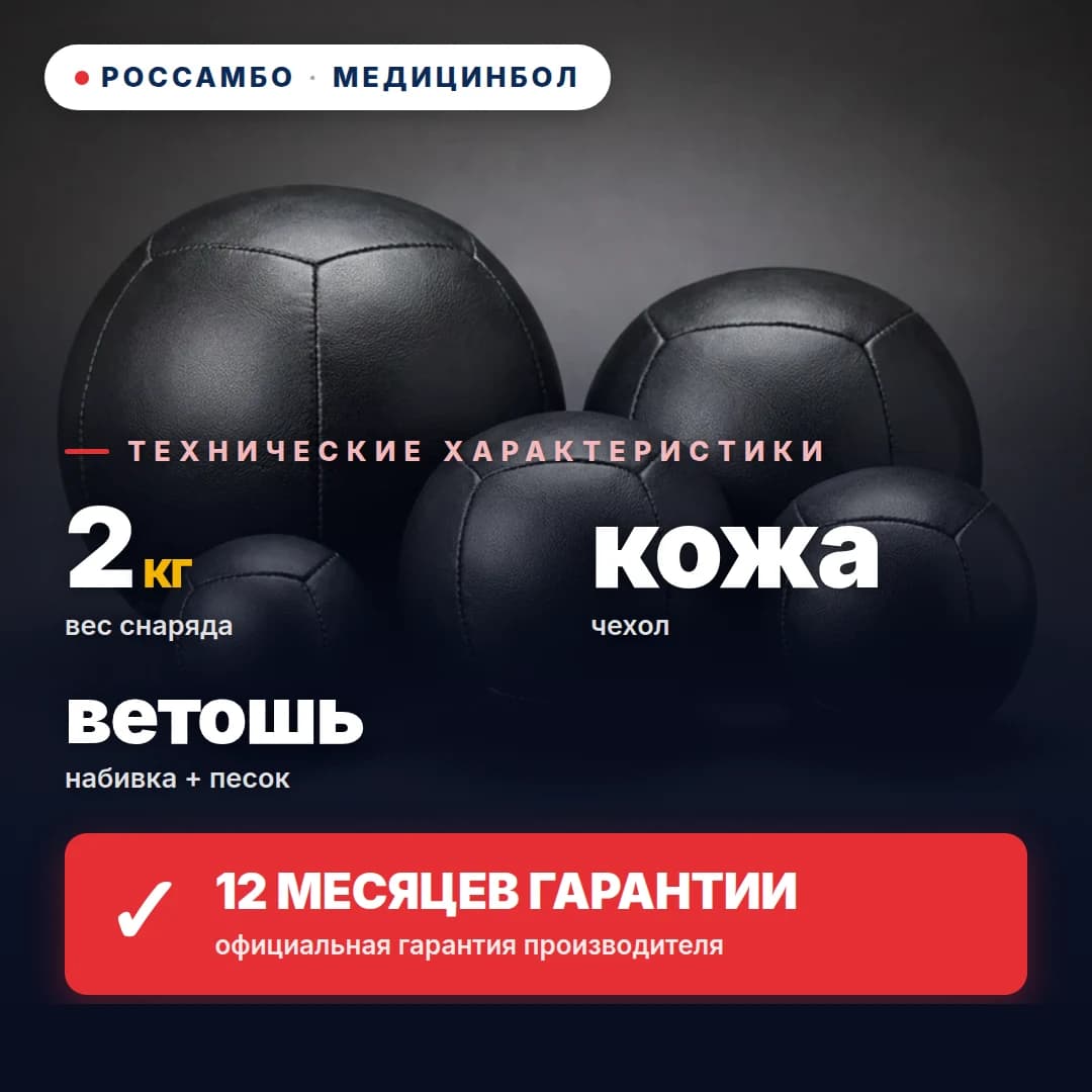 Медицинбол, кожа, 2 кг