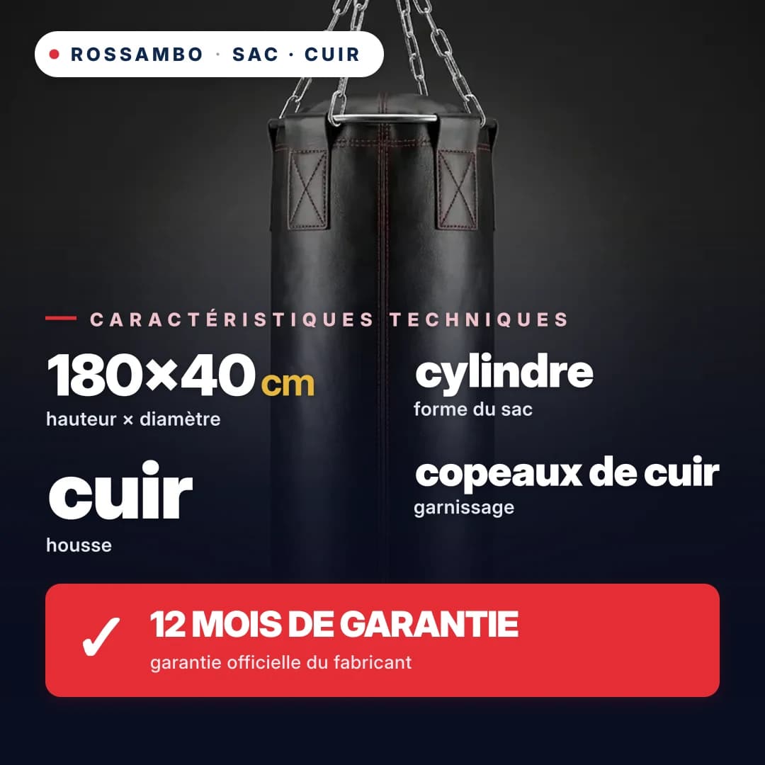 Sac de frappe Cylindre, cuir, 180×40 cm