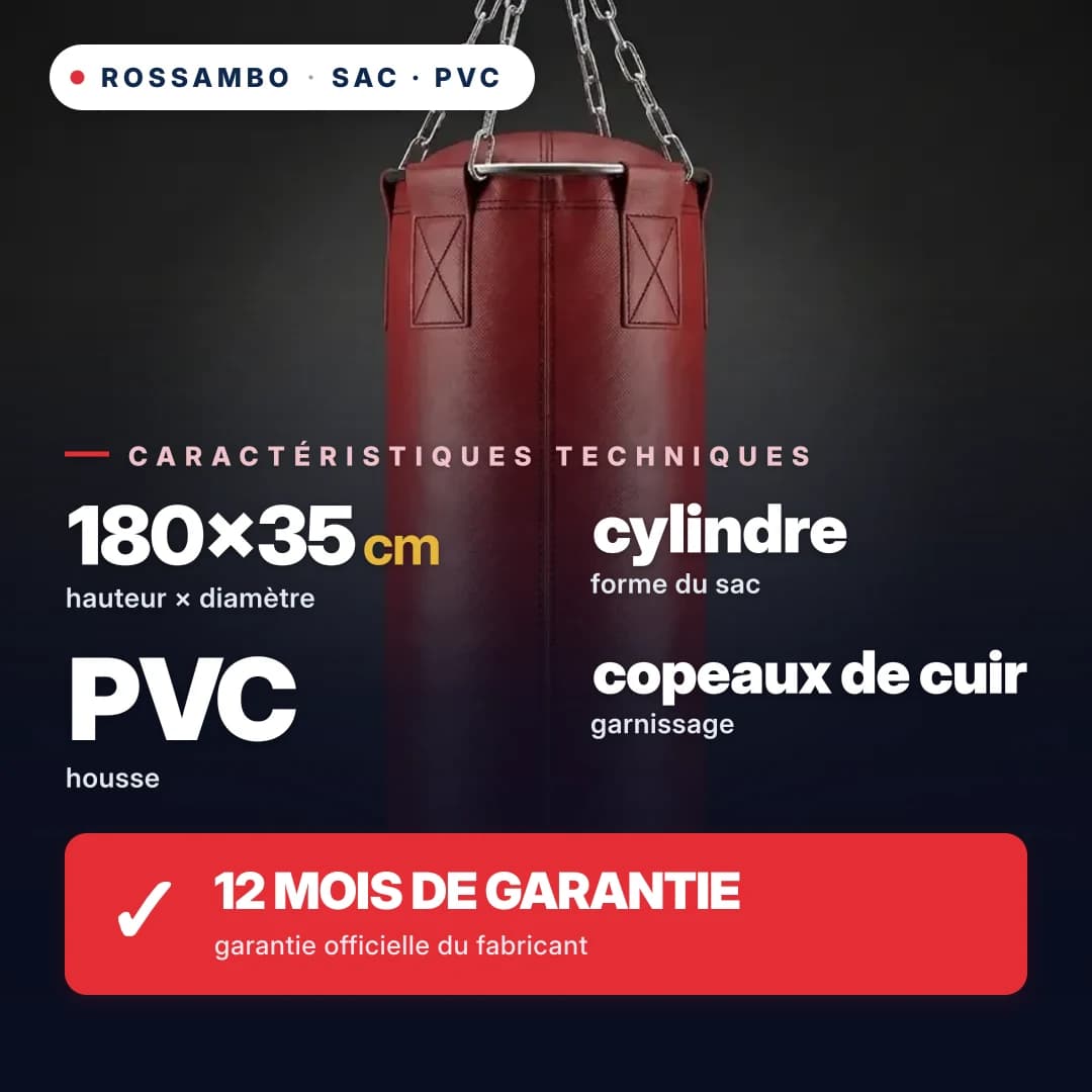 Sac de frappe Cylindre, bâche PVC, 180×35 cm