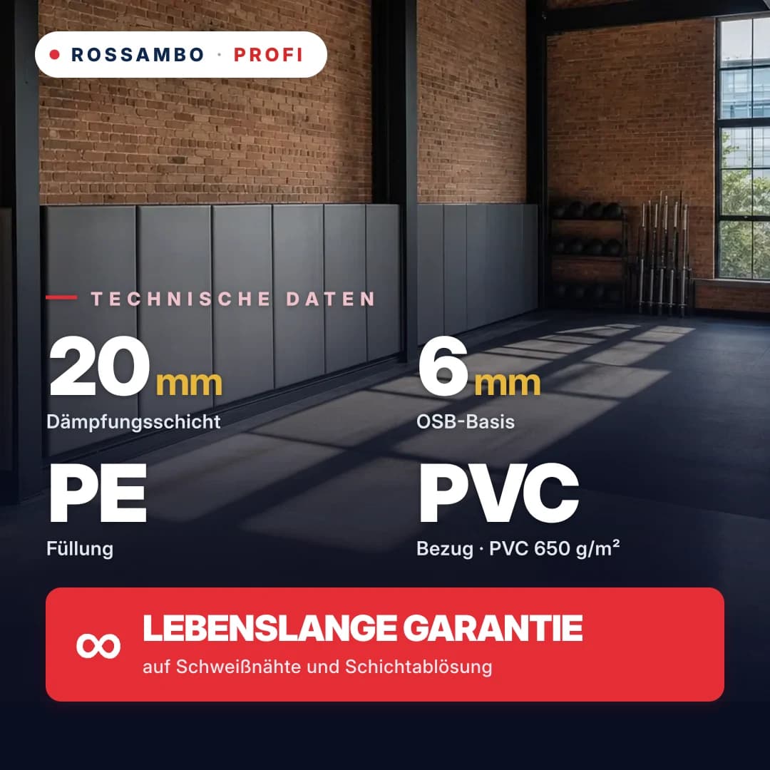 Wandschutzpolster PROFI, OSB 6 mm + PE-Schaum-Matte + PVC-Plane 650 g/m², 20 mm