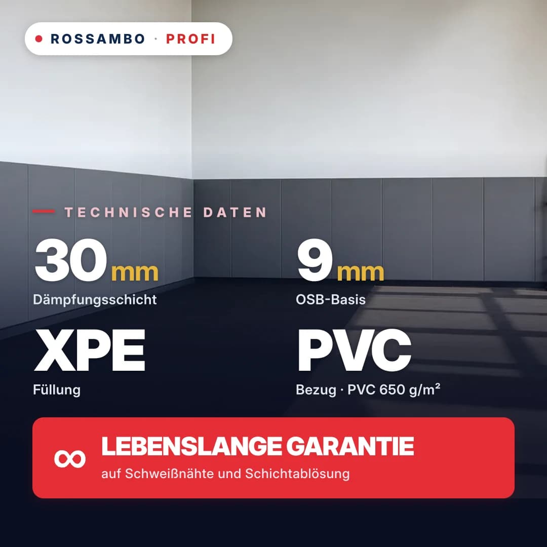 Wandschutzpolster PROFI, OSB 9 mm + chemisch vernetzter PE-Schaum 33 kg/m³ + PVC-Gewebe, 30 mm