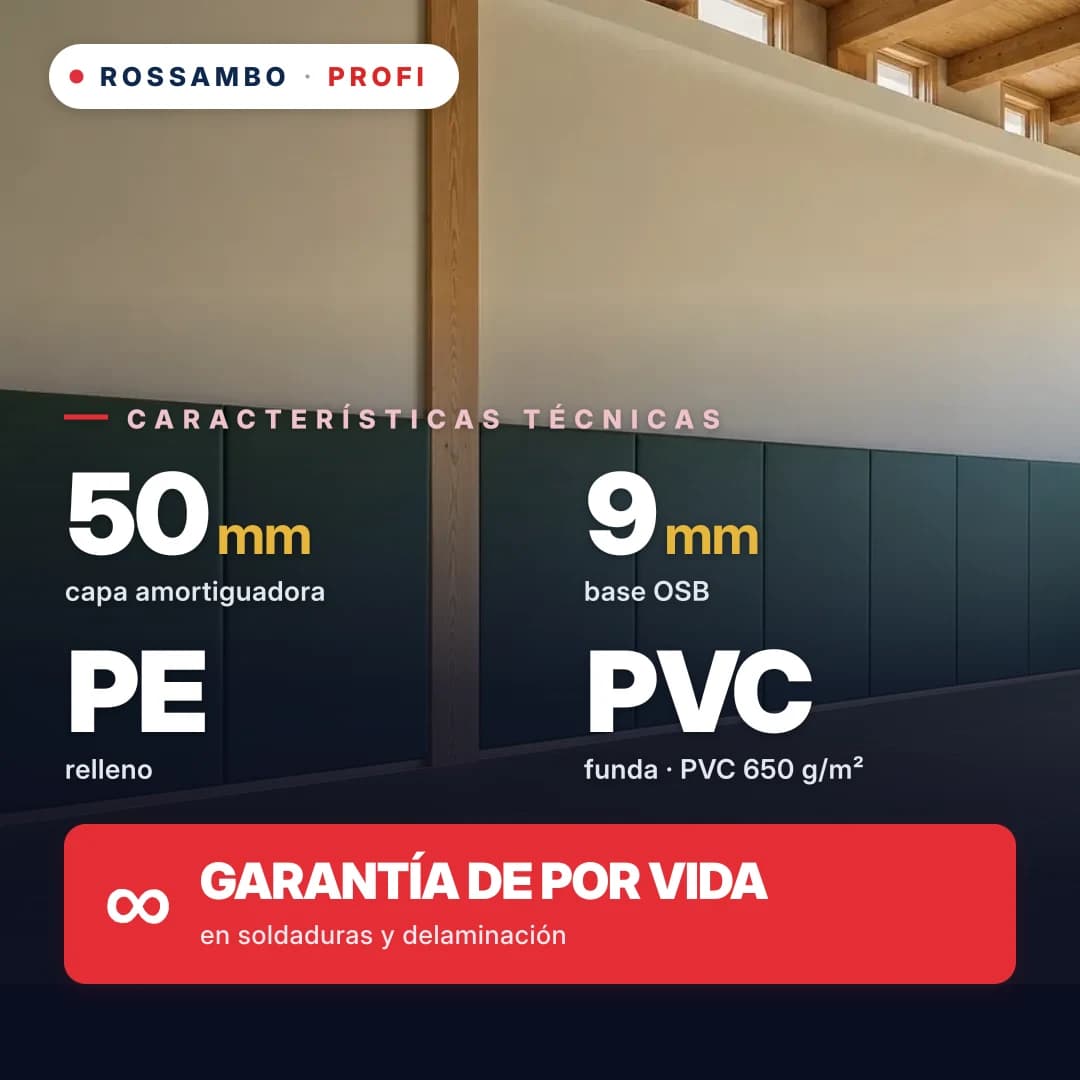 Protector de pared PROFI perforado, OSB 9 mm + colchoneta de espuma de PE + tela de PVC de 650 g/m², 50 mm